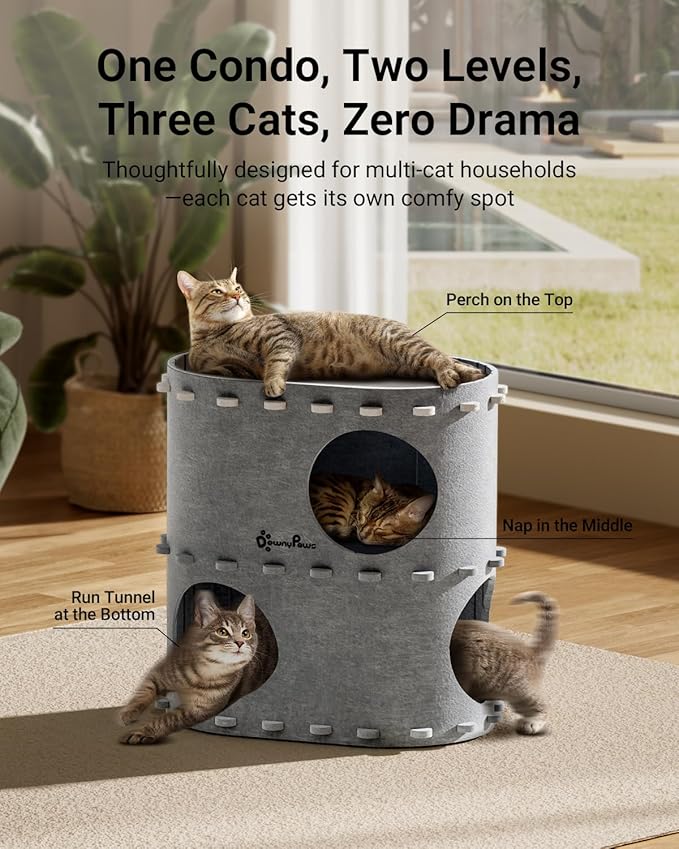DownyPaws Cat House for Indoor Cats, 2-Storey Foldable Cat Bed Cave, Felt Cats Tunnel Bed Condo, Castle Kitten Cube Hideaway for Multicats, Scratch Resistant, Light Gray-Mewly Pet
