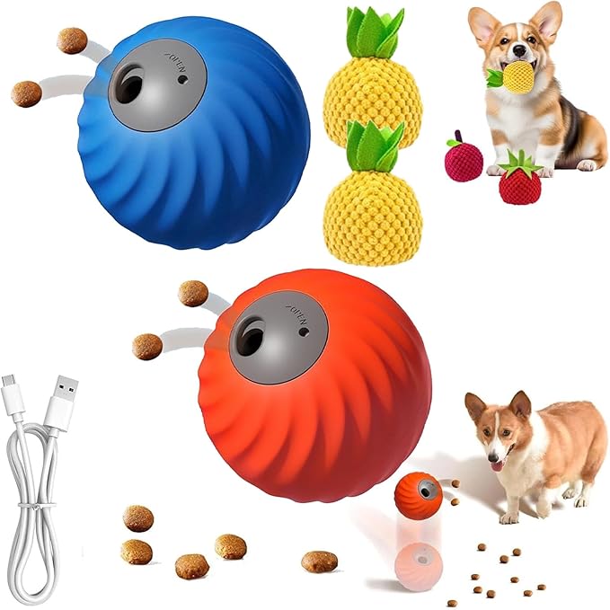 Zoomie Buddy 2.0, Zoomie Buddy for Dogs, 2 in 1 Smart Touch Interactive Dog Balls ＆ Pet Feeder, 2.83" Diameter, Suitable for Small/Medium Dogs, with Fruit Plush Cover (Blue+Orange, Pineapple)-Mewly Pet