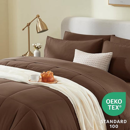 CozyLux Queen Comforter Set Brown, 7 Pieces Bed in a Bag, Brown Comforter Queen Size, All Season Bedding Sets with Stitch Quilted Comforter, Flat Sheet, Fitted Sheet, Pillowcases