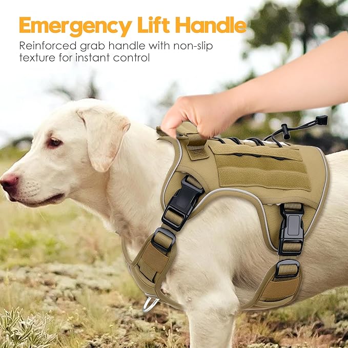 Heavy-Duty Tactical Dog Harness for Large Dogs, No Pull Adjustable Reflective Pet Vest with Molle System, K9 Military-Grade Control for Service Training, Outdoor & 10+ Breeds, Khaki, X-Large-Mewly Pet