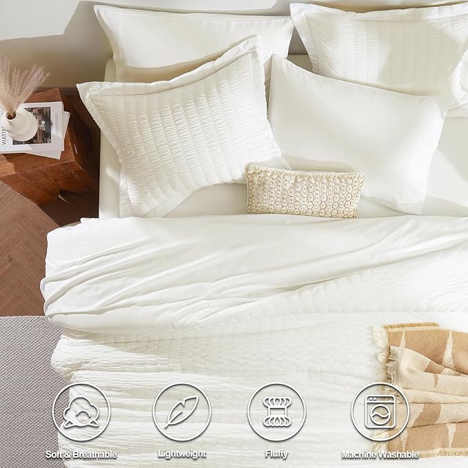CozyLux King Size Comforter Set Ivory Seersucker 7 Pieces Bed in a Bag King Comforter Set with Sheets, Luxury Soft Bedding Set with Down Alternative Comforter, Sheets, Pillowcases & Shams All Seasons