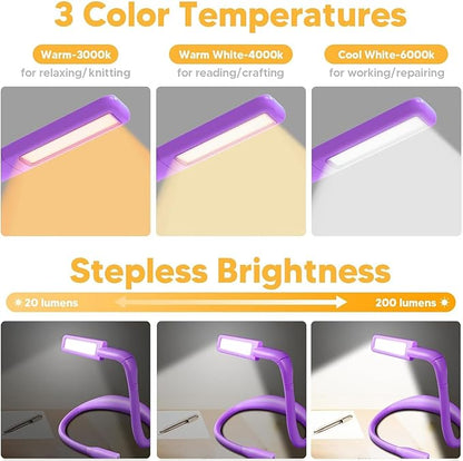Voilet Neck Light with Storage Case, 10-80Hrs Eye-friendly Book Reading Lamp, Knitting Crochet Sewing Craft Light Rechargeable Adjustable, Christmas Birthday Gifts for Book Lovers Knitters Crafters