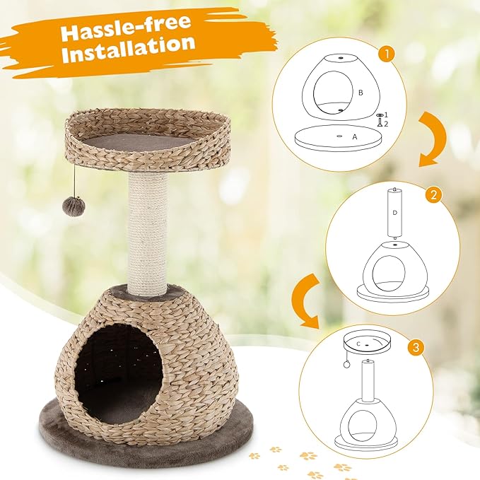 Tangkula Modern Cat Tree, Small Cat Tower with Natural Sisal Scratching Post, Hand-Made Wicker Cat Condo & Top Perch, Funny Hanging Toy Ball, Cute Cat Tree Tower for Indoor Cats-Mewly Pet