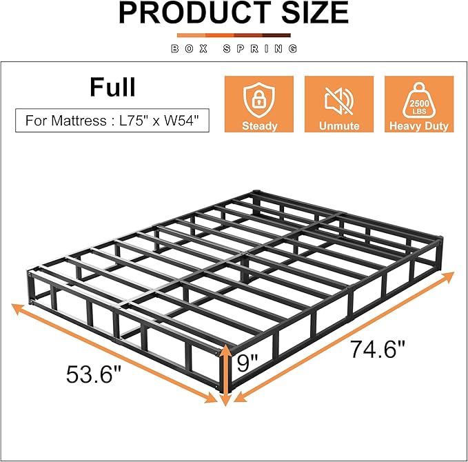 EMODA 9 Inch Full Size Box Spring Bed Base, 3000 LBS Heavy Duty Metal Mattress Foundation with Fabric Cover, Easy Assembly, Black
