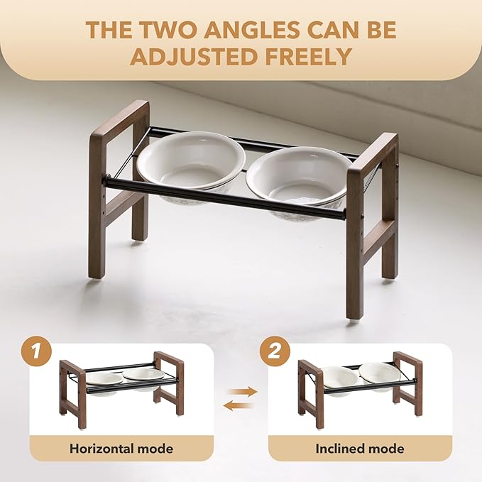 6.3inch Ceramic Adjustable Raised Double Bowls Set with Stand, 3 Heights Elevated, 2 Placement Options,Food and Water Bowls for Adult Cat Small and Medium Dog(Reactived Glaze -White)-Mewly Pet