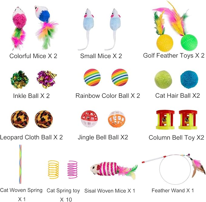32Pcs Cat Toys Kitten Interactive Pet Toys Assortments, Foldable Rainbow Tunnel, Cat Feather Teaser Wand Interactive Feather Toy Fluffy Mouse Crinkle Balls Bell Play for Cat Puppy Kitty Kitten(2 way)-Mewly Pet