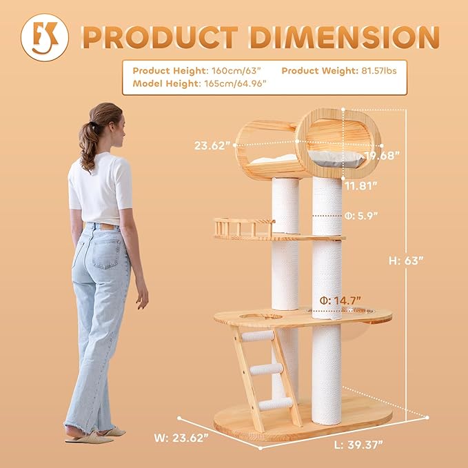 63.6'' Modern Cat Tree Indoor, Solid Wood Cat Tree with Scratching Post for Multi-Cat Families, Tall Cat Tower with Auxiliary Stairs, Huge Condo for Large Cats-Mewly Pet
