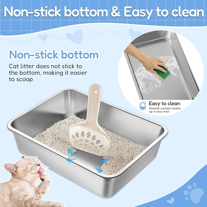 LIHONG Stainless Steel Cat Litter Box for Cat and Rabbit, Odor Control Litter Box Non Slip Rubber Feet. Odor Control, Non Stick, Never Bend 16" L x 12" W x 4" H-Mewly Pet