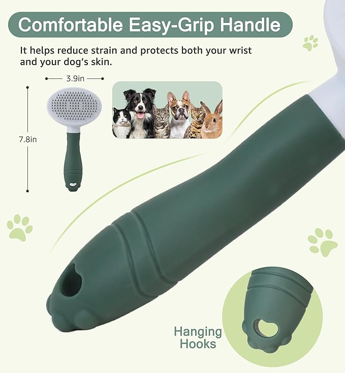 Pet Self-Cleaning Slicker Brush for Dogs & Cats, Deshedding Grooming Comb, Removes Loose Undercoat Hair & Mats, Skin-Friendly Massaging Tool for Long/Short Fur, Large & Small Breeds (Green)-Mewly Pet
