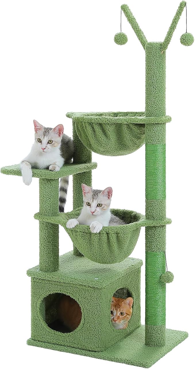 Cactus Cat Tree, 47.6" Cat Tower with 2 Metal Frame Hammock, Cat Scratching Post for Indoor Cats with 2 Removable Pompom Sticks for Kittens, Green-Mewly Pet