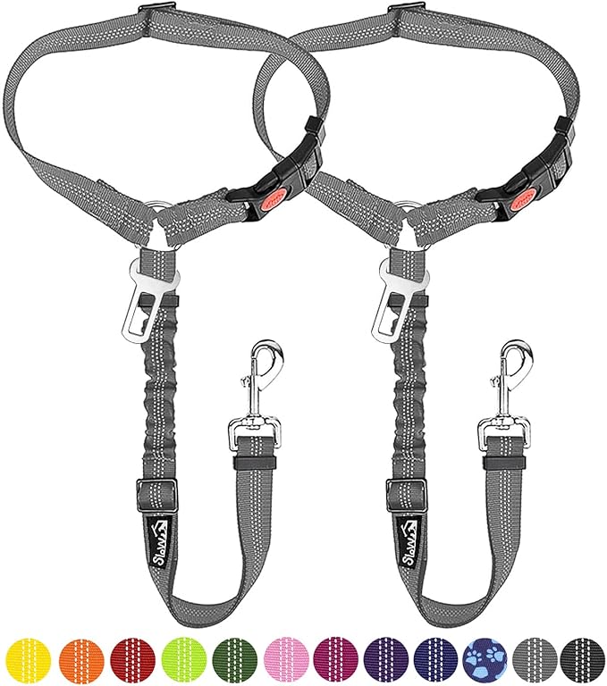 SlowTon Dog Seat Belt for Car, 2 Pack Dog Car Harness Seatbelt Adjustable with Elastic Bungee Buffer, 2 in 1 Pet Car Leash Headrest Restraint Dog Reflective Safety Tether (Grey, Headrest+Clip)-Mewly Pet