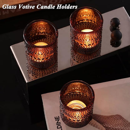 15Pcs Glass Votive Candle Holders, Amber Tea Light Candle Holders Vintage Fall Tealight Candle Holder Bulk for Autumn, Thanksgiving Table Centerpieces, Christmas Decor (Amber)