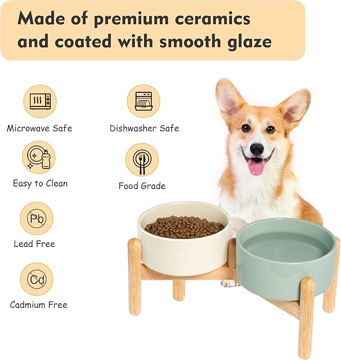 Wordcam Elevated Ceramic Dog Bowls,Raised Dog Dish with Stand,Pet Food and Water Feeding Bowls for Small Medium Dogs(6.5''Tall-28 Oz-3.6 Cups)-Mewly Pet