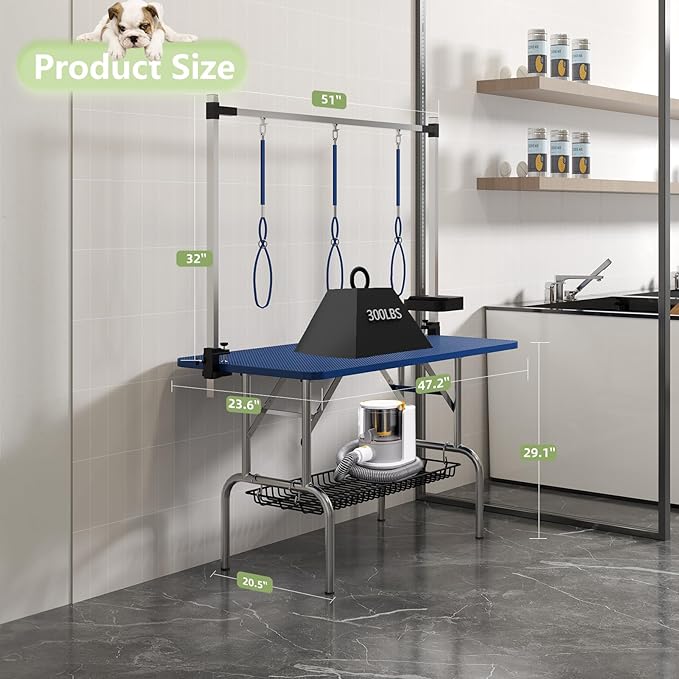 VFK 47'' Large Dog Grooming Table Stainless Steel Foldable Grooming Table for Dogs at Home Adjustable Height Arms Pet Station with Nooses, Mesh Tray, Tool Organizer-Mewly Pet