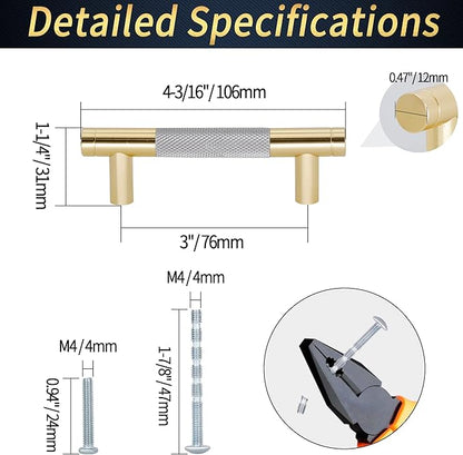 Knurled Cabinet Pulls 2 Pack, 4 Inch Long Cabinet Handles Metal Door Pulls, Kitchen Drawer Pull Knurled Dresser Handles - 3" Hole to Hole, Grey & Gold