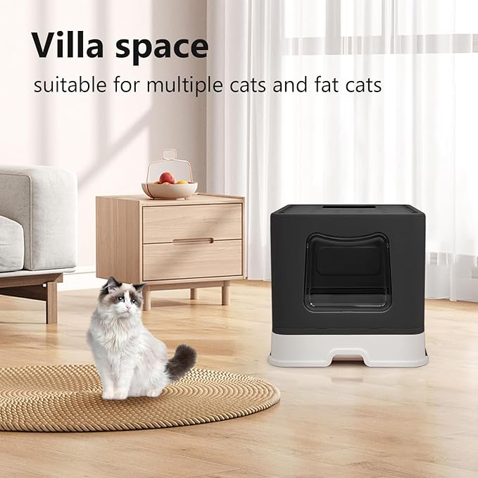 XL Foldable Cat Litter Box with Lid - Jumbo Enclosed Potty - Top Entry Anti-Splashing Toilet - Includes Scoop & 2-in-1 Cleaning Brush (Black)-Mewly Pet