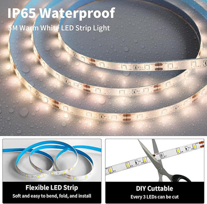 iNextStation 12V LED Light Strip IP65 Waterproof Warm White LED Strip Lights 16.4ft/5m Cuttable 300 SMD 2835 LED Tape Flexible Led Lights for Bedroom Outdoor Indoor Decor (Power Adapter not Included)