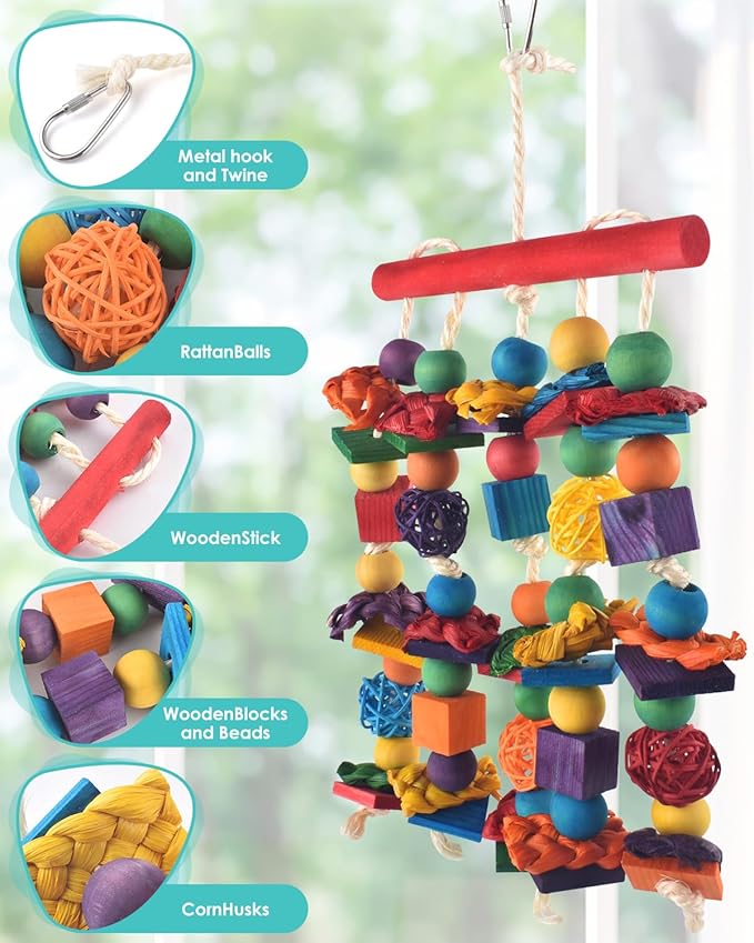 Bird Toys, 2PCS Parrot Foraging Hanging Toy, Multicolored Natural Wooden Blocks Parakeet Chewing Toys mit Rattan Wicker Balls, for Medium Small Cockatoos Budgie Lovebird Cockatiel Conure-Mewly Pet
