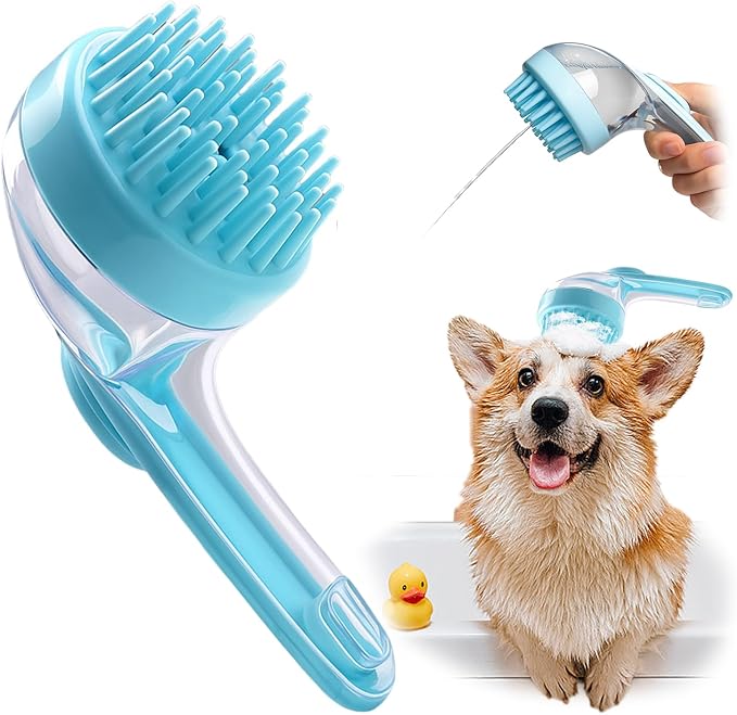 Dog Bath Brush, Silicone Pet Bath Brush with Soap Dispenser,Deep Cleansing & Gentle Massage for Dogs & Cats, Suitable for Long & Short Hair, Easy Grip, Bathing & Grooming(Blue)-Mewly Pet