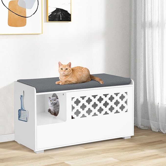 Tangkula Cat Litter Box Enclosure, Hidden Litter Box with Removable Cushion & Flip-Down Opening, Multifunctional Storage Cabinet Bench, Modern Litter Box Furniture Fits Most Litter Box (White)-Mewly Pet