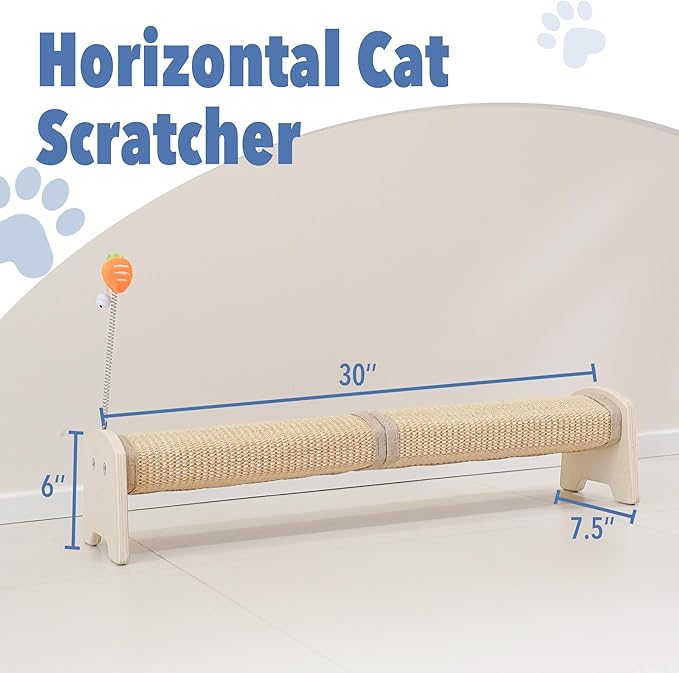 Cat Scratching Post, 30" Horizontal Sisal Scratch Post for Indoor Cats, Durable Cat Furniture Protector with Spring Toy-Mewly Pet