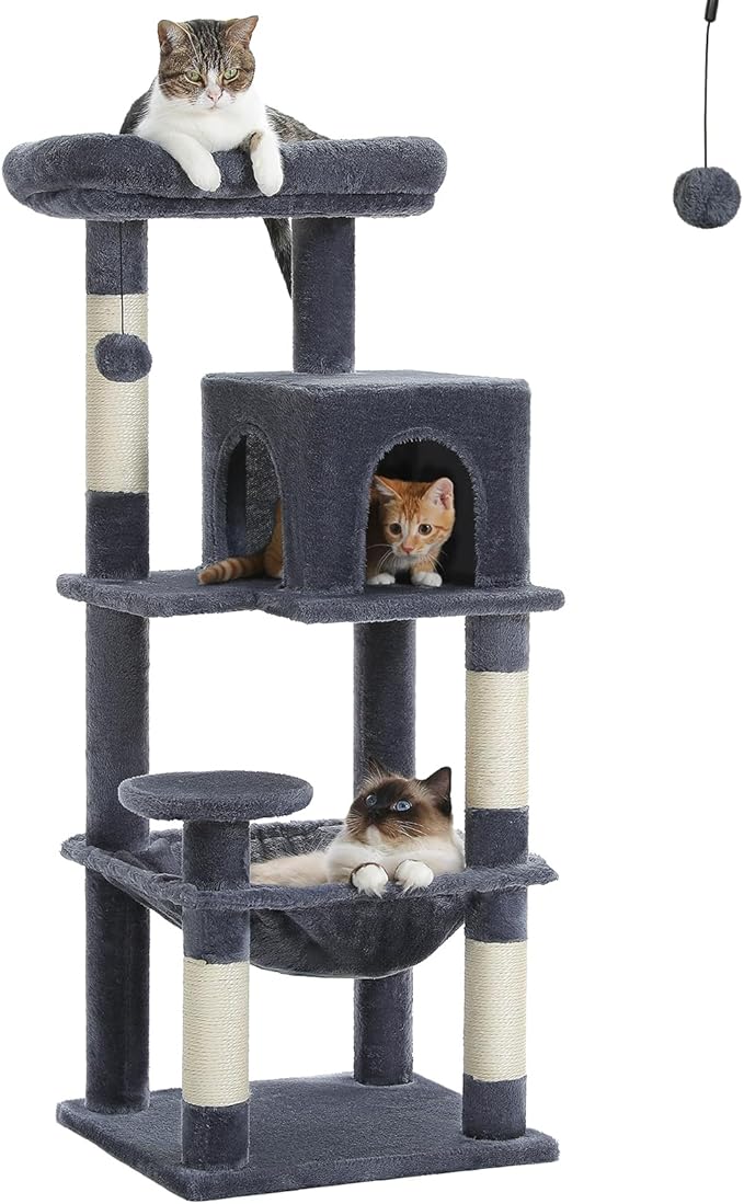 PETEPELA 45.7" Cat Tree for Indoor Cats, 5-Level Cat Tower for Large Cats with Metal Frame Large Hammock (17.3"x15.3"), Cat Condo with (18.5"x13") Big Top Perch & 4 Sisal Covered Scratching Post Dark-Mewly Pet