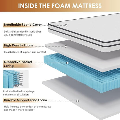 PayLessHere | 10 Inch King Mattress | Medium Firm Hybrid Mattress | White | with High-Density Foam and Breathable Cover | Pocket Spring Design, Pressure Relief | Bed in a Box, CertiPUR-US Certified