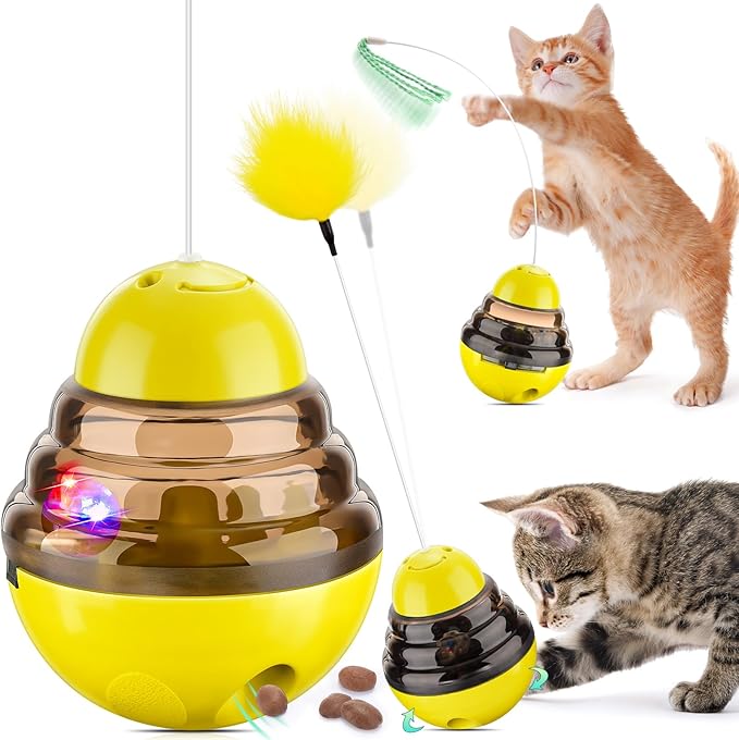 Interactive Cat Toys for Indoor Cats,Tumbler Toy for Kitten Tracking Balls Treat Dispenser for Bored Cat and Small Dogs to Chase and Exercise (Yellow)-Mewly Pet