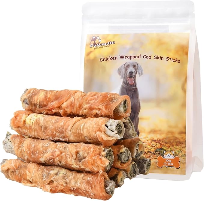 Dog Treats Chicken Wrapped Cod Fish Skin Sticks, Healthy High Protein Omega3 Cod Twist Dog Chews Real Chicken Wrap Teeth Cleaning for Large Medium Small Breeds, 10.6 oz-Mewly Pet