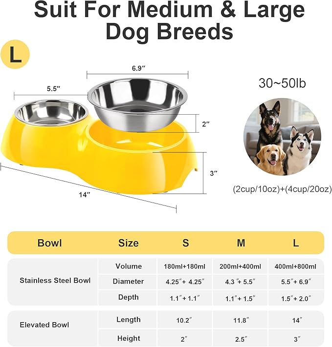 Elevated Dog Bowls Set - Non-Slip Raised Pet Feeder with Medium (2 Cups) & Large (4 Cups) Stainless Steel Bowls - Includes Durable Resin Stand for Puppies, Adult Dogs & Cats - Yellow-Mewly Pet