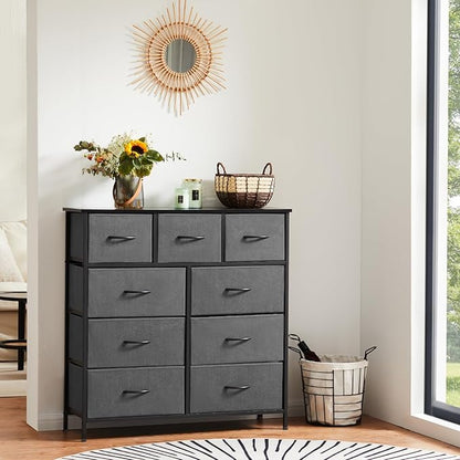 Sweetcrispy 9 Drawer Fabric Dresser Tall Chest Storage Organizer Tower with Cabinet Metal Frame and Wood Top Lightweight Nursery Closet Furniture for Bedroom,Charcoal Grey