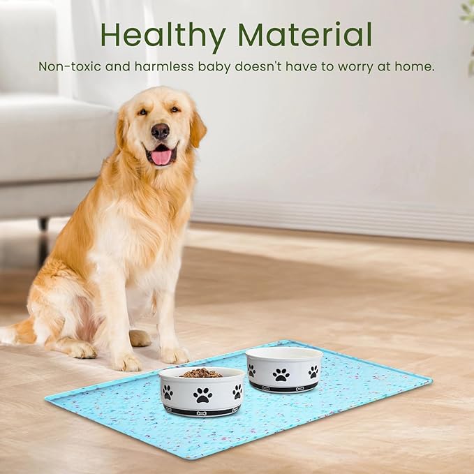 Ptlom Dog Food Mat Anti-Slip Dog Bowl Mats for Food and Water, Waterproof Pet Placemat Prevents Messy Spill to Floor, Silicone Puppy Feeding Tray for Small, Medium and Large Dogs Cats, Blue-Mewly Pet