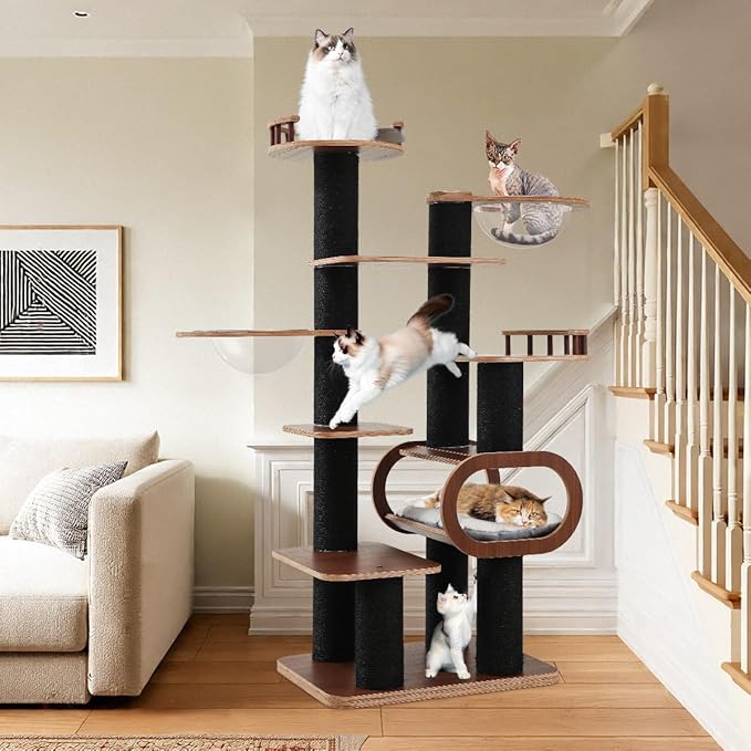 70.9'' Black Cat Tree for Indoor Cats Large Adult, Heavy Duty Cat Tower with Scratching Post, Modern Kitty Tree with Removable Mats, Semi-closed Condo and Transparent Bowl, Wooden Luxury Cat Furniture-Mewly Pet