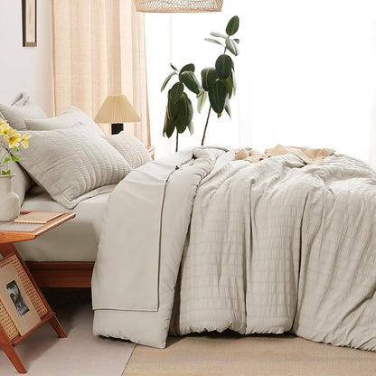 CozyLux Oversized Queen Comforter Set Beige Seersucker 7 Pieces 98x98 Bed in a Bag Comforter Set with Sheets, Luxury Soft Bedding Sets with Down Alternative Comforter, Sheets, Pillowcases & Shams