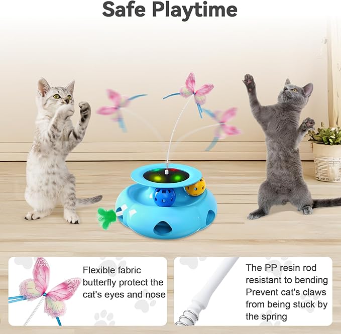 3in1 Interactive Cat Toys for Indoor Cats Rechargeable,Whack a Mole Cat Toy, Fluttering Butterfly, Track Balls, Automatic Kitten Toys Touch Activated, 2 Refill Feather-Mewly Pet