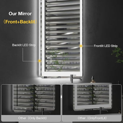 24x32 LED Mirror for Bathroom, Rounded Rectangle Mirror with Backlit + Front Lit, Bathroom Mirror with Lights, Anti-Fog, Dimmable, Lighted Vanity Mirror Tempered Glass(Horizontal/Vertical)
