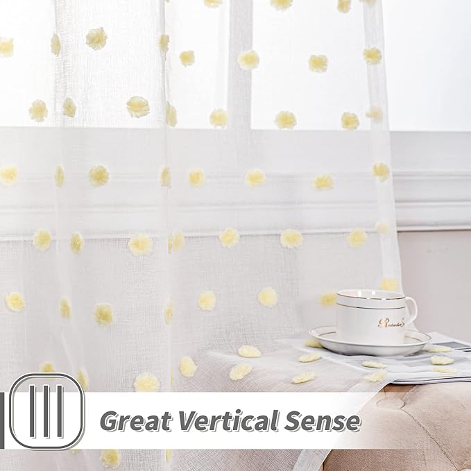 MYSKY HOME Kitchen Curtains 54 Inch Long Small Window Curtains for Bathroom Cafe Bedroom Yellow Pom Pom Curtains for Nursery Boys Room Rod Pocket 2 Pieces Drapes 52 x 54 inch Length