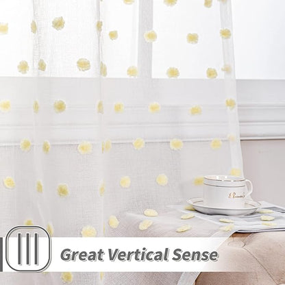 MYSKY HOME Curtains for Bedroom Yellow Pom Pom Curtains for Living Room 72 Inch Length Long Doorway White Sheer Curtains for Nursery Teens Kids Room Set of 2 Rod Pocket Farmhouse 52 x 72 in