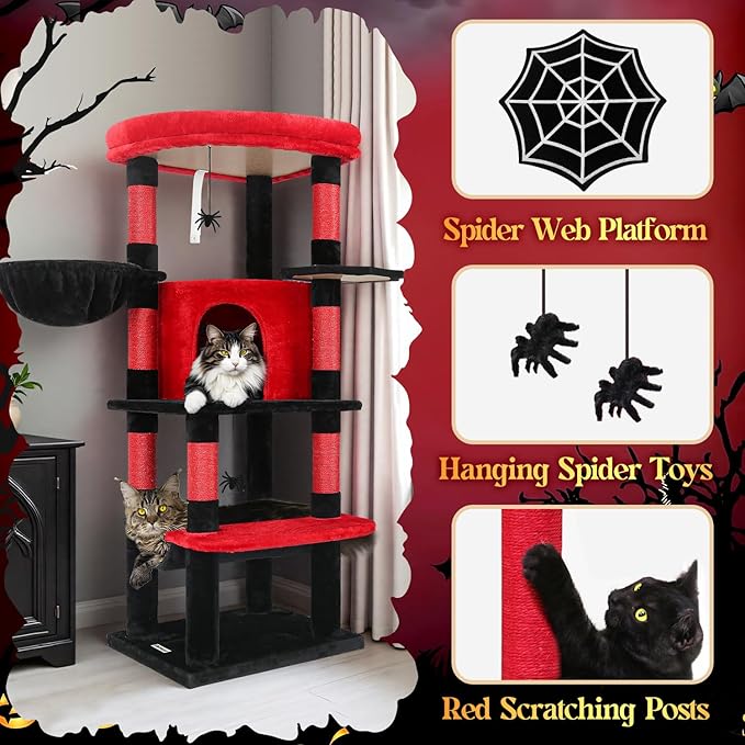 Globlazer Gothic Corner Cat Tree Tower with Scratching Post for Indoor Cats, 51inch Goth Cat Condo Tower with Large Hammock, Fan-Shaped Padded Perch, Spacious Cat Cave, Hanging Basket, C51, Red Black-Mewly Pet
