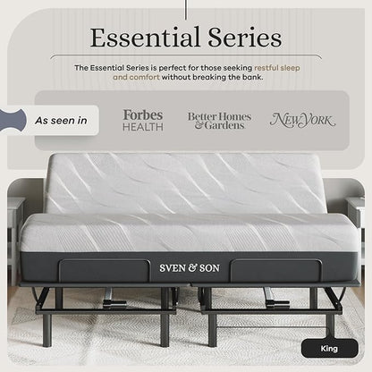 Sven and Son Essential Adjustable Bed Base (Frame) + 14 inch Hybrid Spring Matt (Medium Soft), Easy Assembly, Head and Foot Lift, Memory Positions, Zero Gravity, Wireless Remote - King