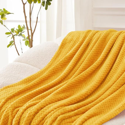 Exclusivo Mezcla Fleece Bed Blanket Queen Size, Super Soft and Warm Blankets for Couch, Sofa and Bed Waffle Textured, Cozy, Fuzzy and Lightweight (Mustard Yellow, 90x90 Inches)