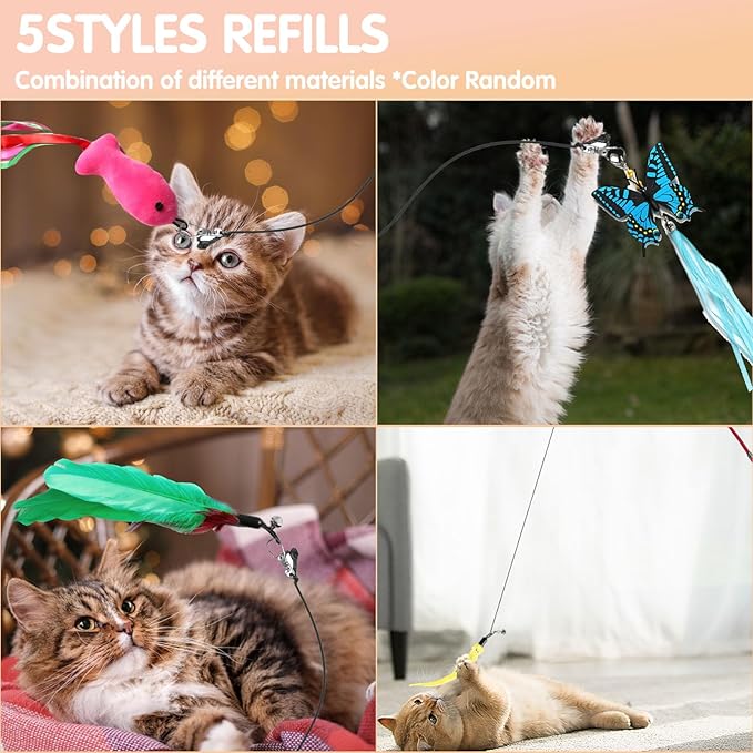 Retractable Cat Toy Wand, 12 Packs Interactive Cat Feather Toys, 9 Assorted Teaser Refills with Bell for Kitten (Pink)-Mewly Pet