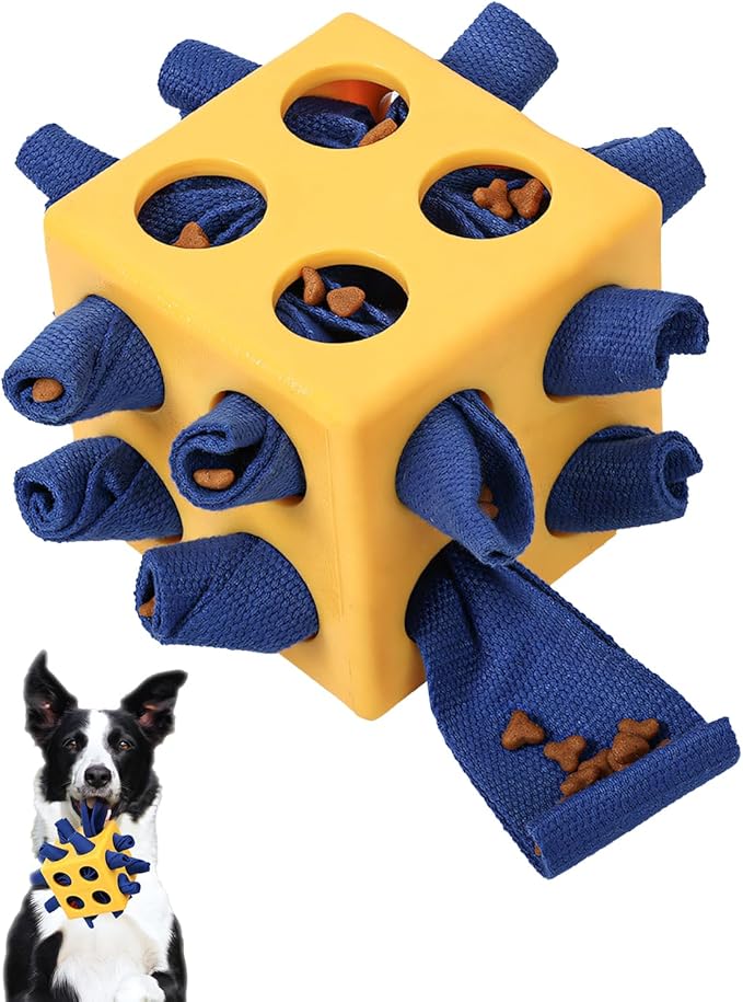 Interactive Puzzle Dog Toy Encourage Natural Foraging Skill, Durable Dog Enrichment Toy Snuffle Cube Cloth Strip with Hide & Seek Food, Slow Feeder for Mind Stimulate & Stress Relief (Yellow)-Mewly Pet