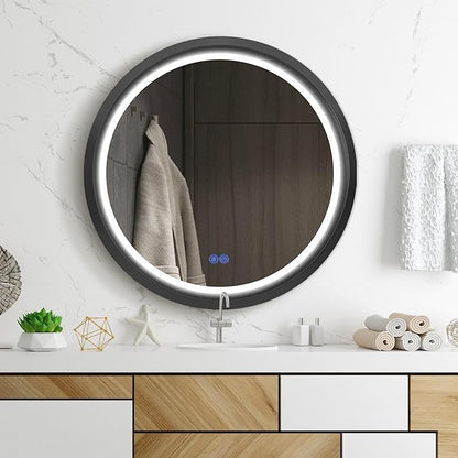 Fab Glass 32 Inch Front Lit LED Circle Vanity Bathroom Mirror, Anti-Fog Dimmable Touch & 3 Color Modes Round Framed LED Mirror 32" L X 32" W Black