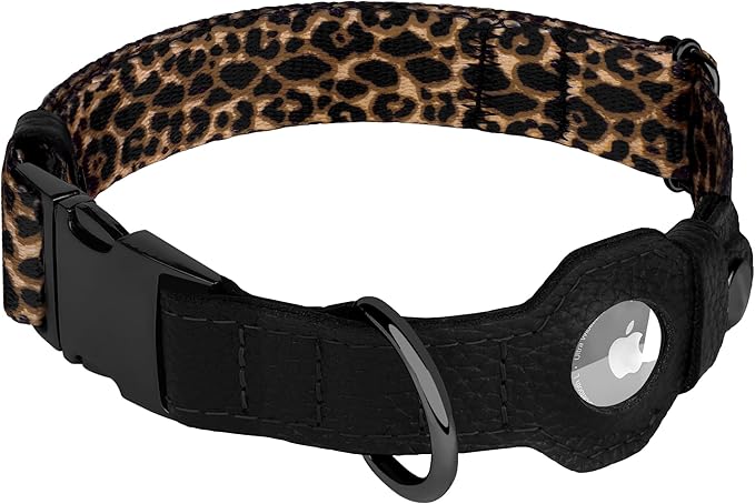 AirTag Dog Collar for Small Medium Large Breed - Adjustable Cute Pattern Dog Collar with Airtag Holder - Soft Leather Tracker GPS Apple Air Tag Pet Collars (X-Small, 9"-12" Neck Fit, Leopard)-Mewly Pet