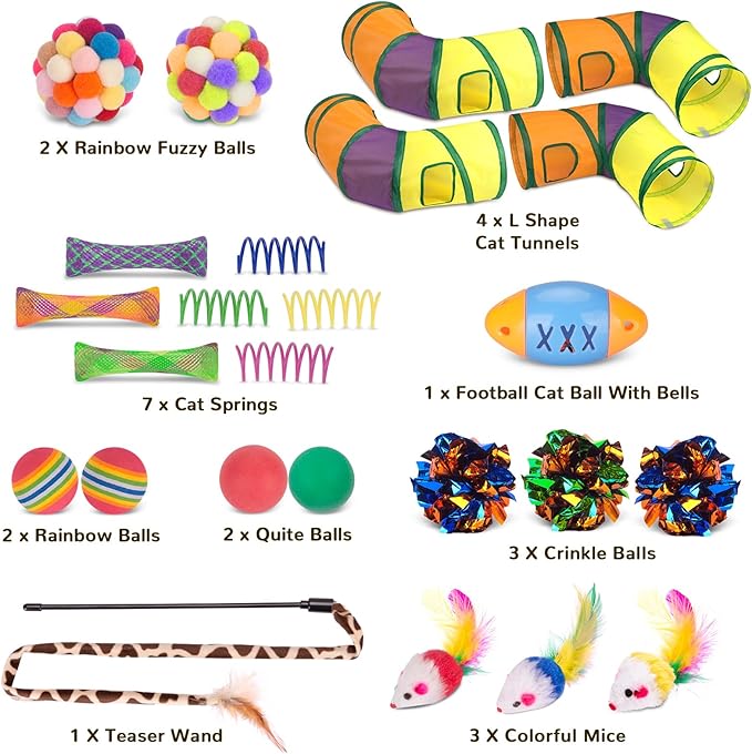 Retro Shaw Cat Tunnels with Cat Toys Pack, Interactive Kitten Toys for Indoor Cats Kitty, Kitten Tube Tent Feather Wand Teaser Bell Fuzzy Ball Springs Mouse (25 Pcs Extra Large Cat Tunnel Toys Set)-Mewly Pet
