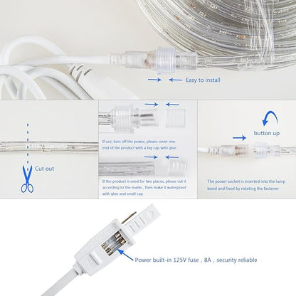 50ft/15m Plug in LED Rope Lights, 540 Daylight White LEDs, 110V, Waterproof,Connectable, Power Socket Connector Fuse Holder, Indoor/Outdoor Use, Ideal for Backyards, Decorative Lighting