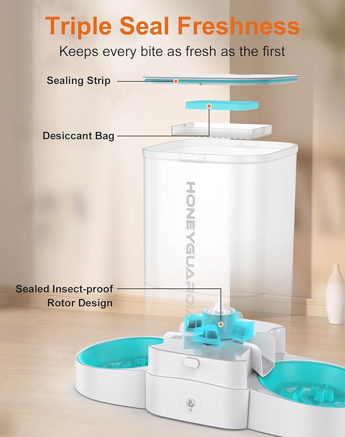 HoneyGuaridan 5L Automatic Cat Feeder for Two Cats, 2.4G WiFi Enabled Smart Feed Pet Feeder with Slow Feeder Bowl,APP Control Dispenser, Dual Power Supply,Desiccant Bag,10s Meal Call White-Mewly Pet