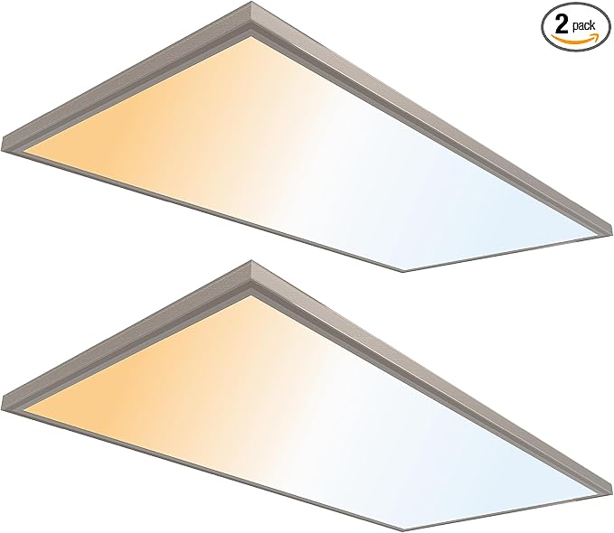 Ultralux 2x4 ft Surface Mount Ceiling Light Panel – Slim, Edge Lit, Flush Mount Flat Panel for Kitchen, Home & Office - TRIAC Dimmable, 3CCT Adjustable Color Temperature (Brushed Nickel, 2 Pack)