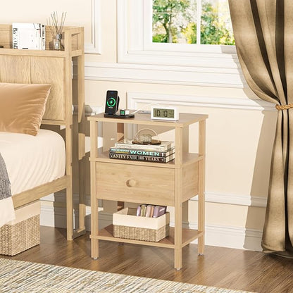 Lerliuo Nightstand with Charging Station and USB Ports, 3-Tier Storage End Table with Drawer Shelf, Night Stand for Small Spaces, Wood Bedside Table for Living Room, Bedroom - Natural Wood